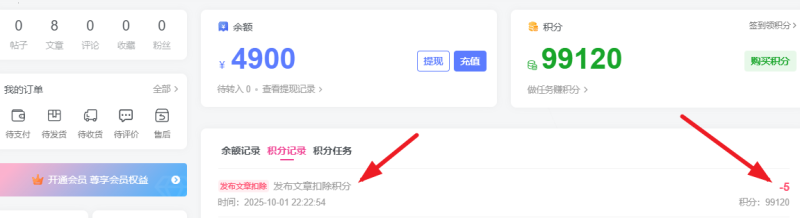 子比主题 – 发布文章扣除积分-码小淘